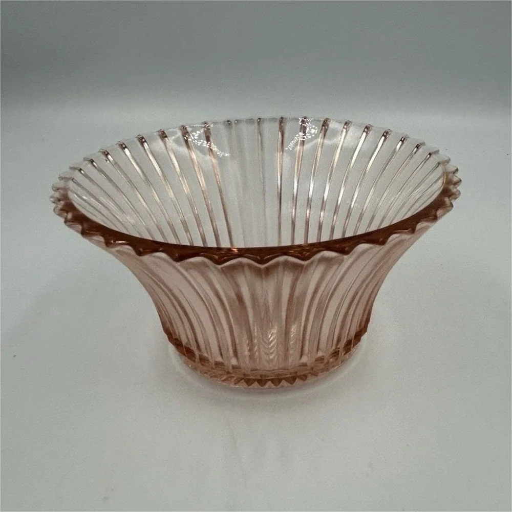 Pink Pressed Glass Ribbed Round Bowl Scalloped Rim 6 in Diameter